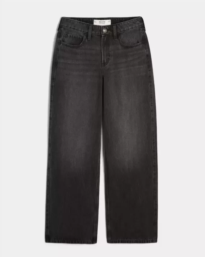 Hoch geschnittene, verwaschene Baggy-Jeans in Schwarz