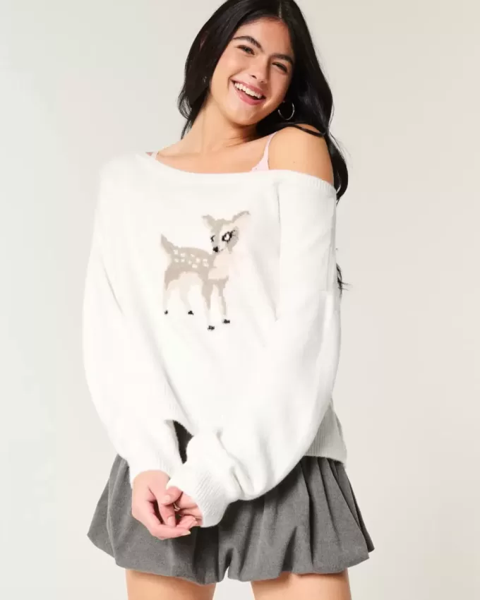 Hollister – Comfy Cloud – Bequemer, schulterfreier Pullover mit Hirschgrafik Hollister – Comfy Cloud – Bequemer, schulterfreier Pullover mit Hirschgrafik