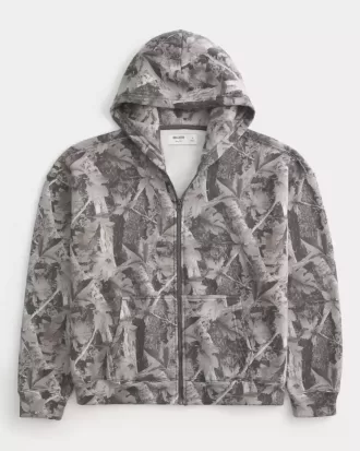 Kastenförmiger Kapuzenpullover mit Camouflage-Muster und Reißverschluss Kastenförmiger Kapuzenpullover mit Camouflage-Muster und Reißverschluss