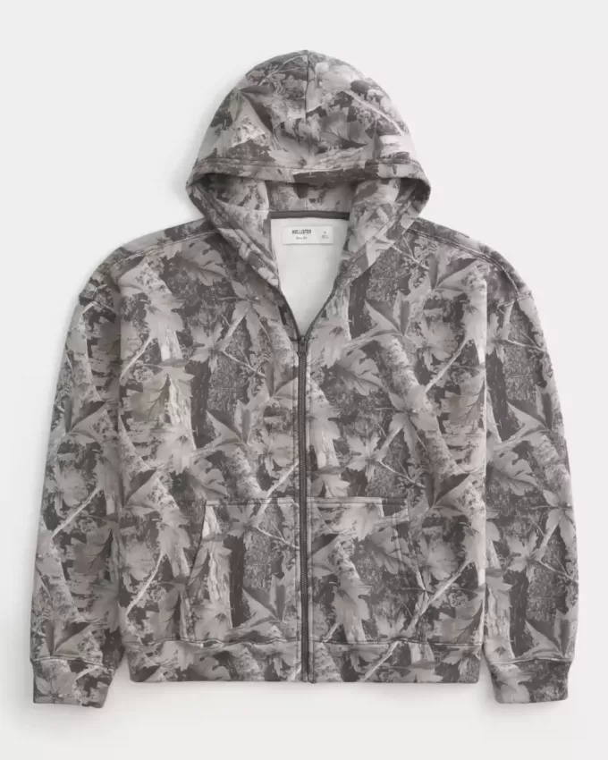 Kastenförmiger Kapuzenpullover mit Camouflage-Muster und Reißverschluss Kastenförmiger Kapuzenpullover mit Camouflage-Muster und Reißverschluss