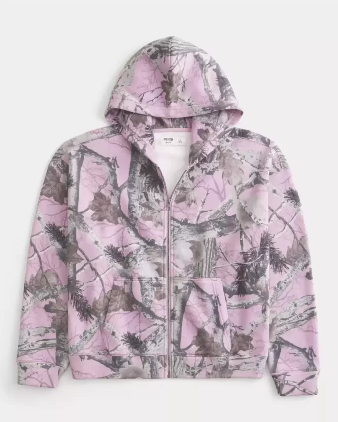 Kastenförmiger Kapuzenpullover mit Camouflage-Muster und Reißverschluss Kastenförmiger Kapuzenpullover mit Camouflage-Muster und Reißverschluss