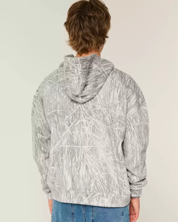 Kastenförmiger Kapuzenpullover mit Camouflage-Muster und Reißverschluss Kastenförmiger Kapuzenpullover mit Camouflage-Muster und Reißverschluss