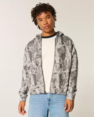 Kastenförmiger Kapuzenpullover mit Camouflage-Muster und Reißverschluss Kastenförmiger Kapuzenpullover mit Camouflage-Muster und Reißverschluss