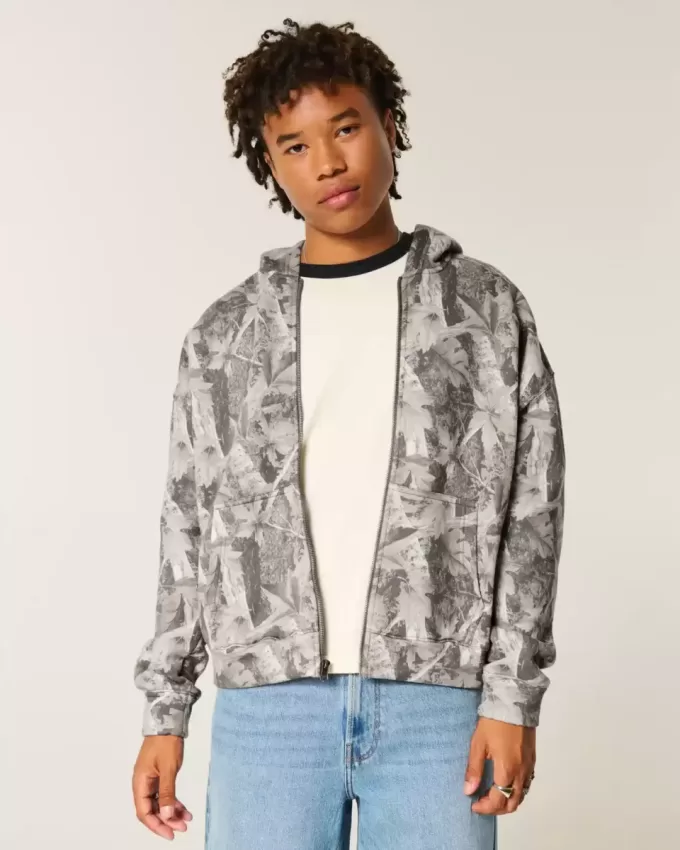 Kastenförmiger Kapuzenpullover mit Camouflage-Muster und Reißverschluss Kastenförmiger Kapuzenpullover mit Camouflage-Muster und Reißverschluss