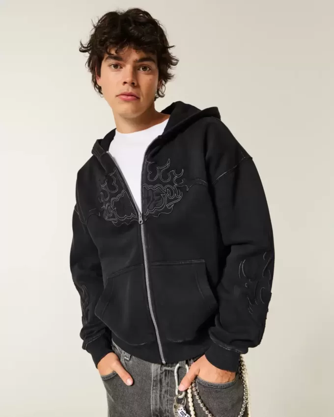 Kastenförmiger Kapuzenpullover mit Reißverschluss und Flammengrafik Kastenförmiger Kapuzenpullover mit Reißverschluss und Flammengrafik