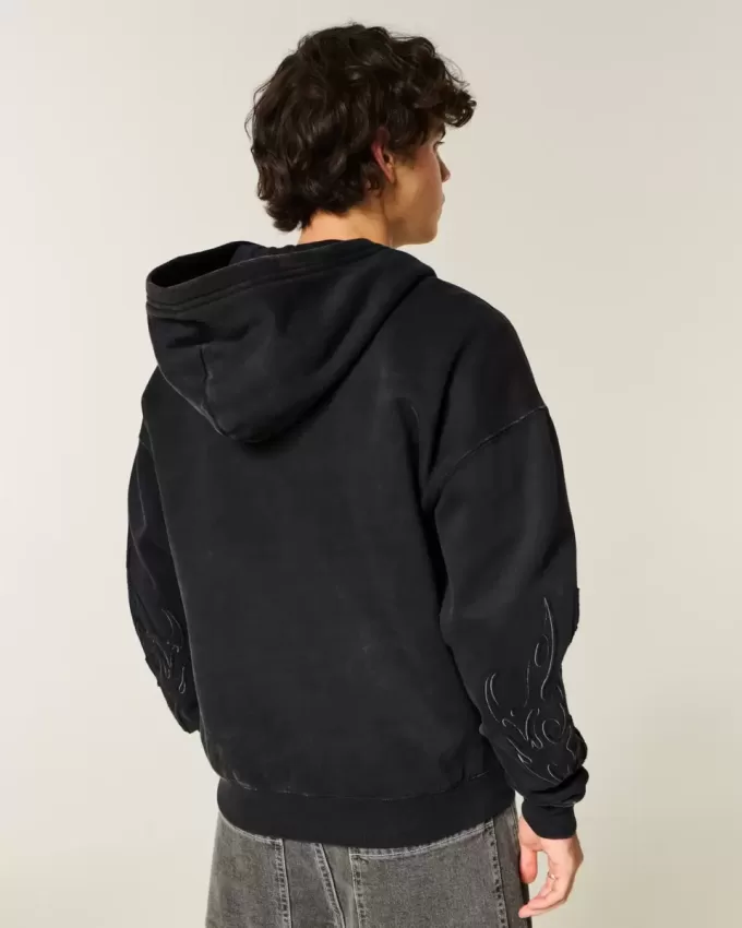 Kastenförmiger Kapuzenpullover mit Reißverschluss und Flammengrafik Kastenförmiger Kapuzenpullover mit Reißverschluss und Flammengrafik