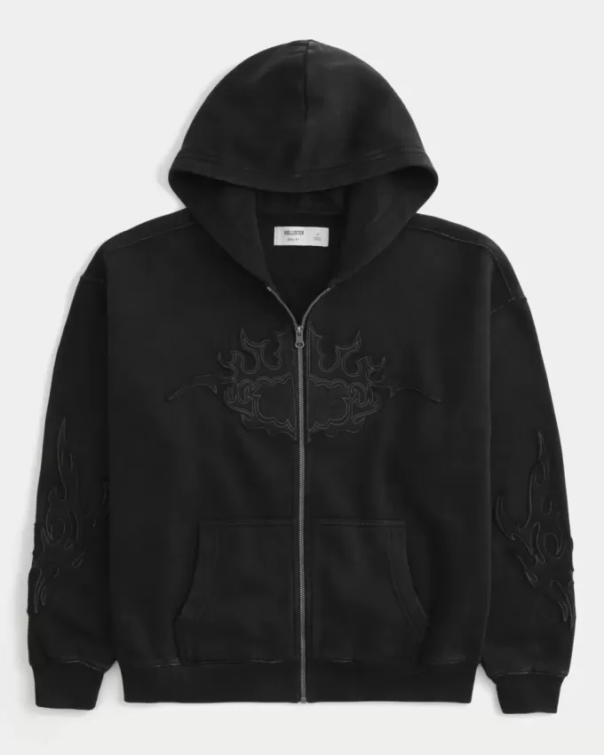 Kastenförmiger Kapuzenpullover mit Reißverschluss und Flammengrafik Kastenförmiger Kapuzenpullover mit Reißverschluss und Flammengrafik