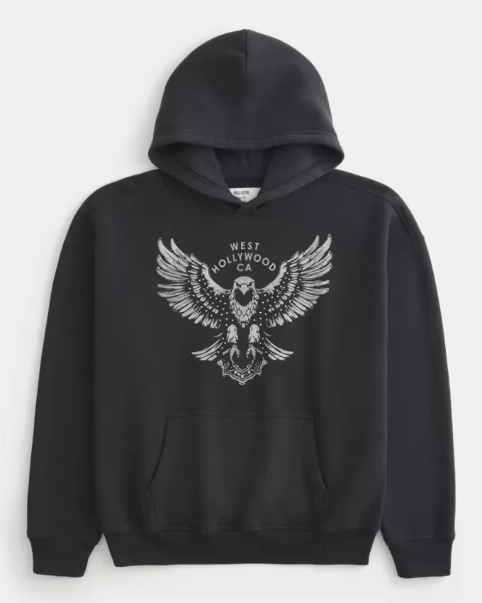Kastenförmiger Kapuzenpullover mit West Hollywood-Grafik Kastenförmiger Kapuzenpullover mit West Hollywood-Grafik