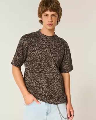 Kastenförmiges, schweres Rundhals-T-Shirt aus Baumwolle mit Leopardenmuster