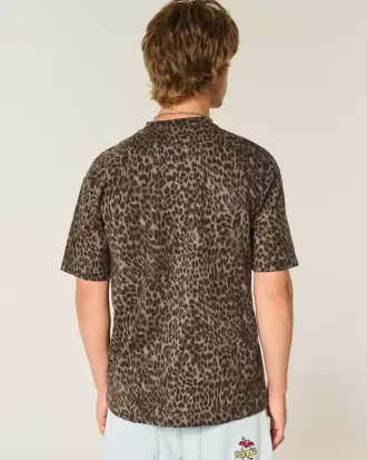 Kastenförmiges, schweres Rundhals-T-Shirt aus Baumwolle mit Leopardenmuster