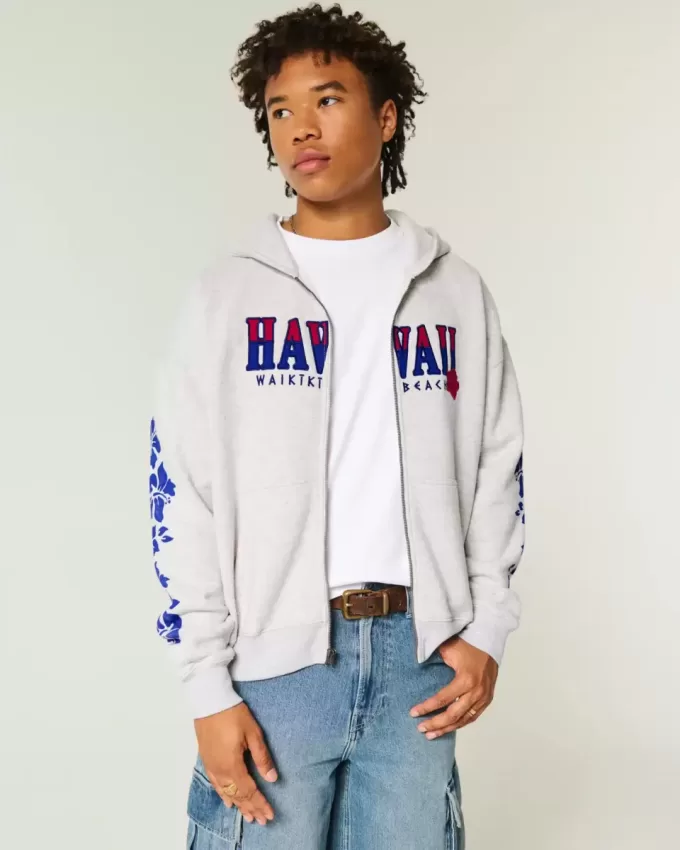 Kastenförmiges Sweatshirt mit Reißverschluss und Hawaii-Grafik Kastenförmiges Sweatshirt mit Reißverschluss und Hawaii-Grafik