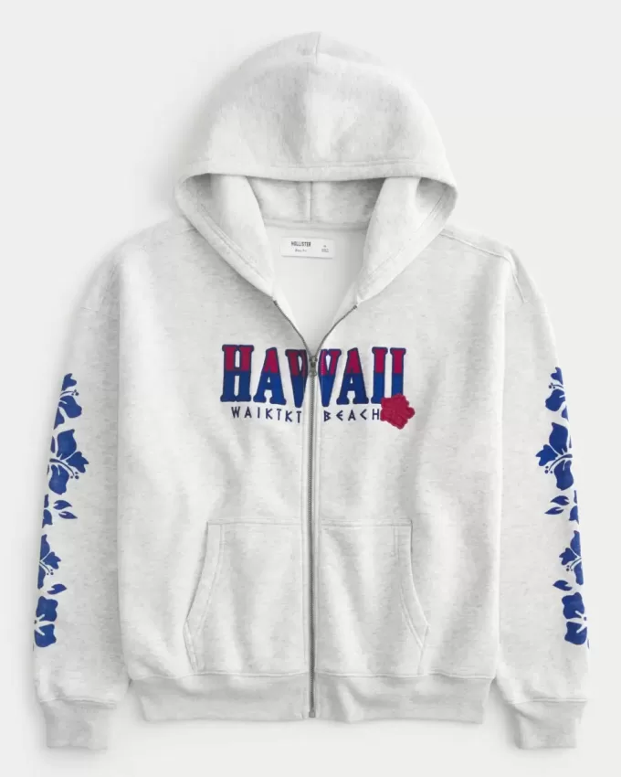Kastenförmiges Sweatshirt mit Reißverschluss und Hawaii-Grafik Kastenförmiges Sweatshirt mit Reißverschluss und Hawaii-Grafik