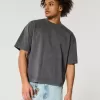 Kastiges, schweres, kurz geschnittenes T-Shirt mit verwaschenem Rundhalsausschnitt