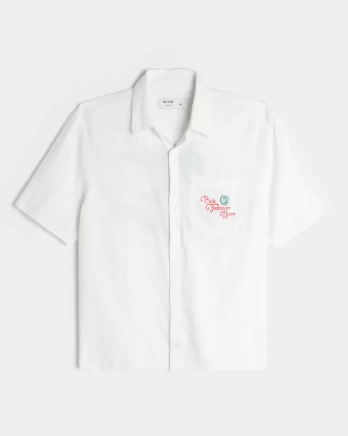 Kurzärmliges Hemd aus Leinenmischung mit rosa Flamingo-Mond-Grafik Kurzärmliges Hemd aus Leinenmischung mit rosa Flamingo-Mond-Grafik