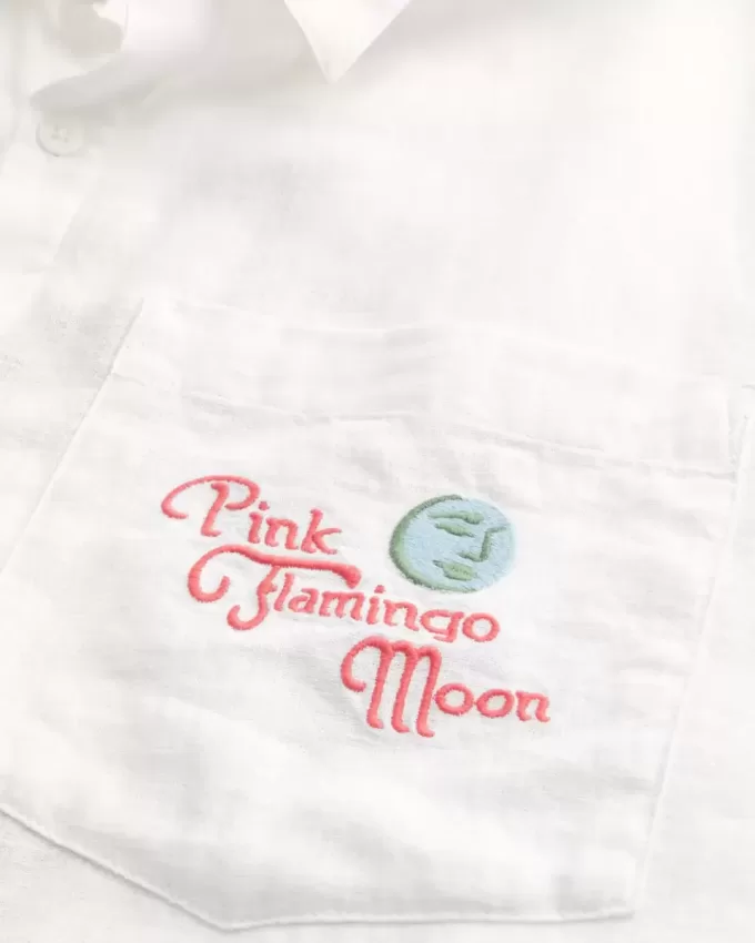 Kurzärmliges Hemd aus Leinenmischung mit rosa Flamingo-Mond-Grafik Kurzärmliges Hemd aus Leinenmischung mit rosa Flamingo-Mond-Grafik