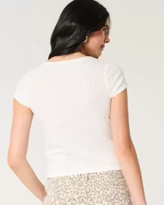 Kurzärmliges Pointelle-Oberteil mit durchgehender Knopfleiste