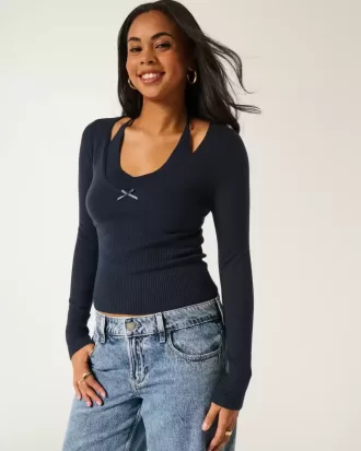 Langärmliger Neckholder-Pullover mit Bindeband