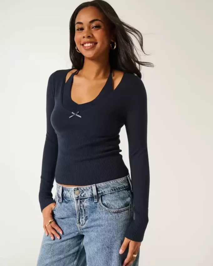 Langärmliger Neckholder-Pullover mit Bindeband