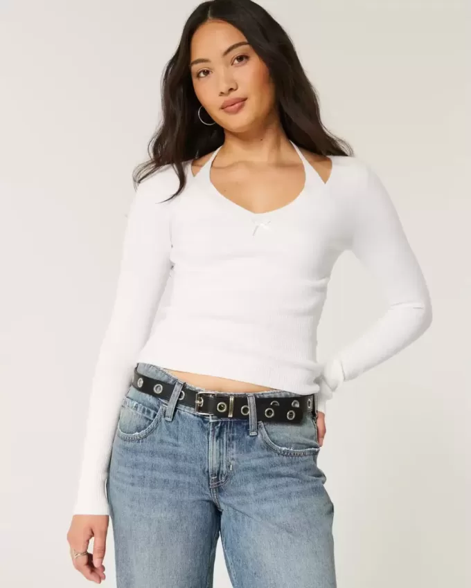 Langärmliger Neckholder-Pullover mit Bindeband