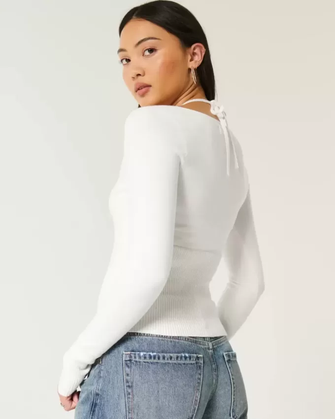 Langärmliger Neckholder-Pullover mit Bindeband