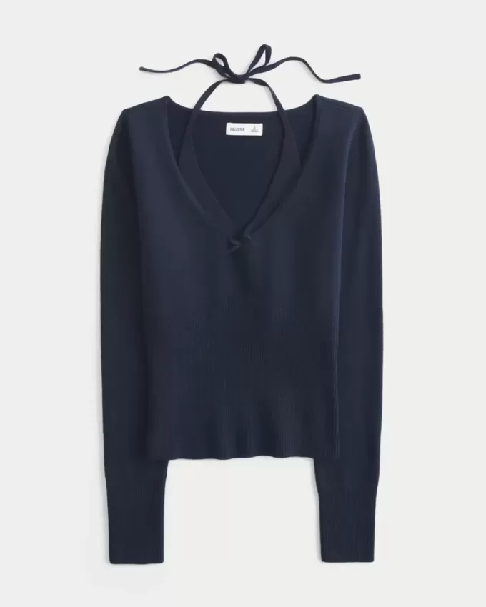 Langärmliger Neckholder-Pullover mit Bindeband