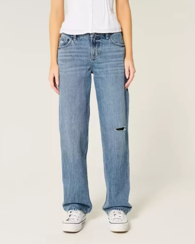 Lockere Jeans mit niedrigem Bund und Rissen in mittlerer Waschung Lockere Jeans mit niedrigem Bund und Rissen in mittlerer Waschung