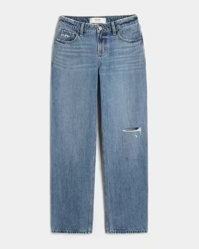 Lockere Jeans mit niedrigem Bund und Rissen in mittlerer Waschung Lockere Jeans mit niedrigem Bund und Rissen in mittlerer Waschung