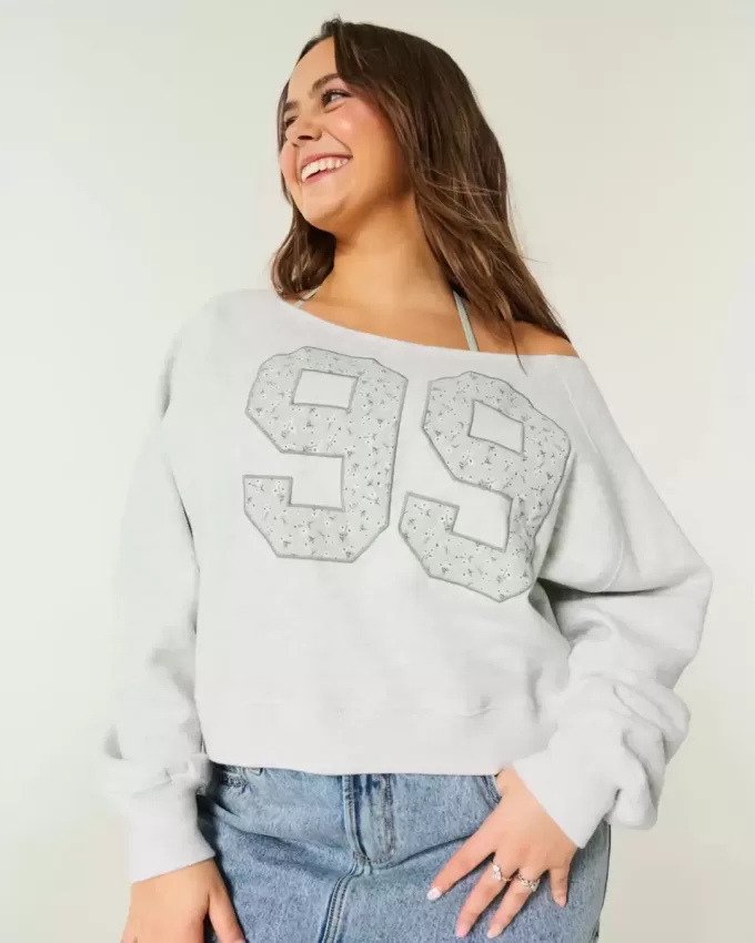 Lockeres, schulterfreies Sweatshirt mit Rundhalsausschnitt und Zahlengrafik Lockeres, schulterfreies Sweatshirt mit Rundhalsausschnitt und Zahlengrafik