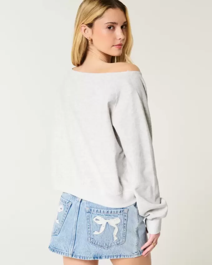 Lockeres, schulterfreies Sweatshirt mit Rundhalsausschnitt und Zahlengrafik Lockeres, schulterfreies Sweatshirt mit Rundhalsausschnitt und Zahlengrafik