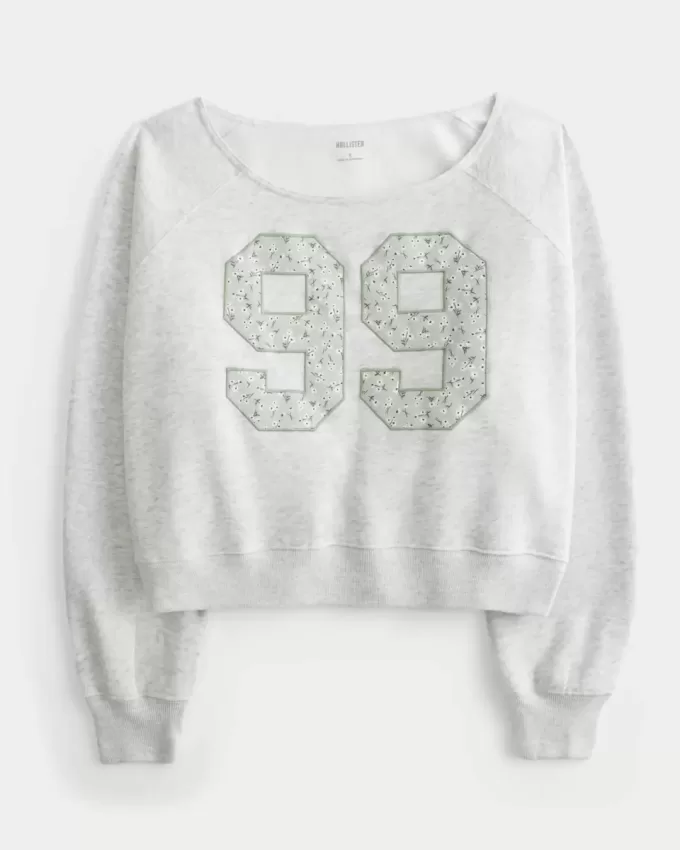 Lockeres, schulterfreies Sweatshirt mit Rundhalsausschnitt und Zahlengrafik Lockeres, schulterfreies Sweatshirt mit Rundhalsausschnitt und Zahlengrafik