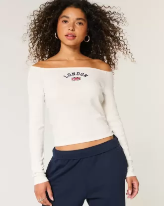 Lockeres, schulterfreies T-Shirt mit London-Grafik
