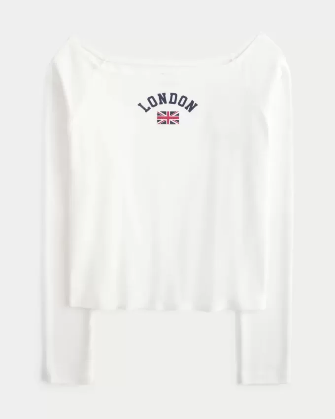 Lockeres, schulterfreies T-Shirt mit London-Grafik Lockeres, schulterfreies T-Shirt mit London-Grafik