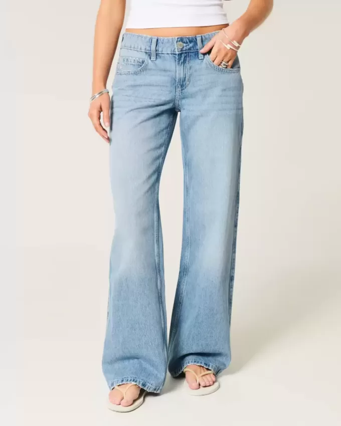 Low-Rise Baggy-Jeans mit Blumenstickerei in mittlerer Waschung Low-Rise Baggy-Jeans mit Blumenstickerei in mittlerer Waschung