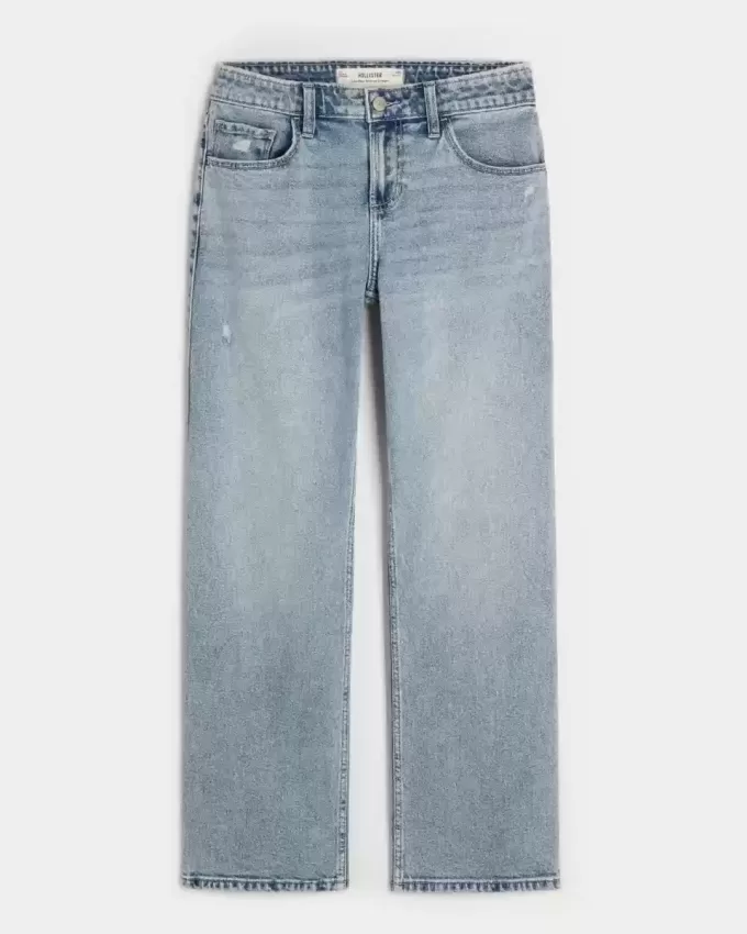 Low-Rise Distressed Relaxed Straight Jeans in mittlerer Waschung