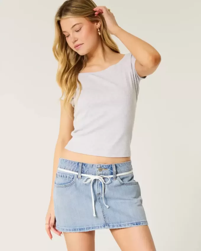 Low-Rise Light Wash Shoelace Denim Mini Skort Low-Rise Light Wash Shoelace Denim Mini Skort