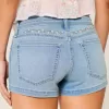 Low-Rise-Shortie-Shorts aus hell gewaschenem Denim mit Blumenstickerei Low-Rise-Shortie-Shorts aus hell gewaschenem Denim mit Blumenstickerei