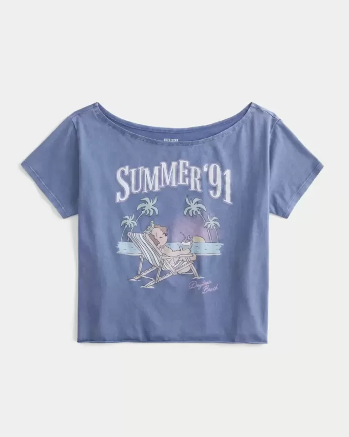 Lässiges schulterfreies Sommer-T-Shirt mit Grafik Lässiges schulterfreies Sommer-T-Shirt mit Grafik