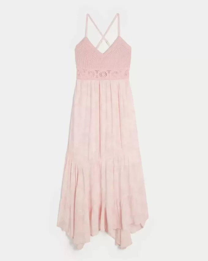 Maxikleid mit V-Ausschnitt im Häkel-Mix