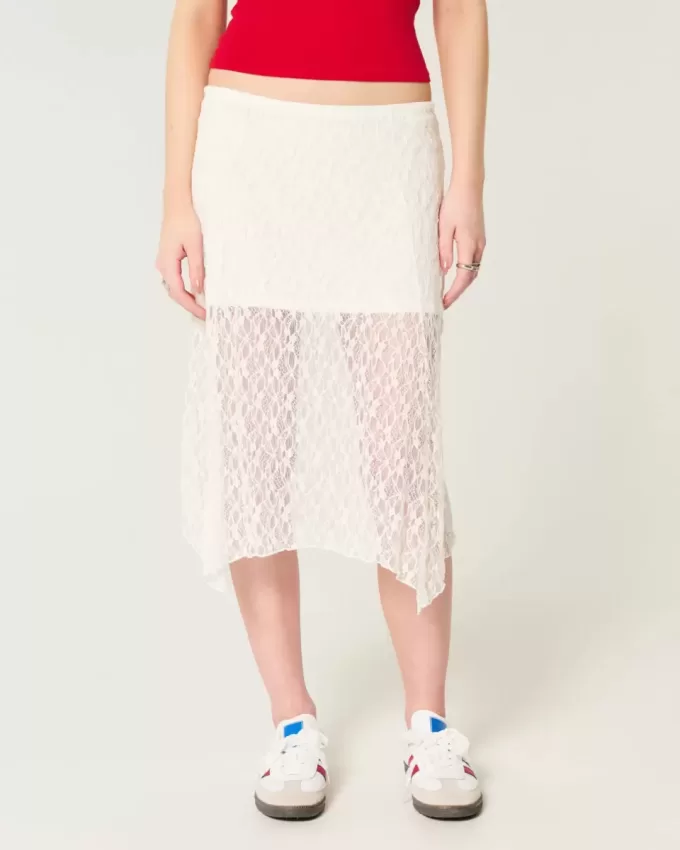 Midirock aus Spitze mit asymmetrischem Saum Midirock aus Spitze mit asymmetrischem Saum