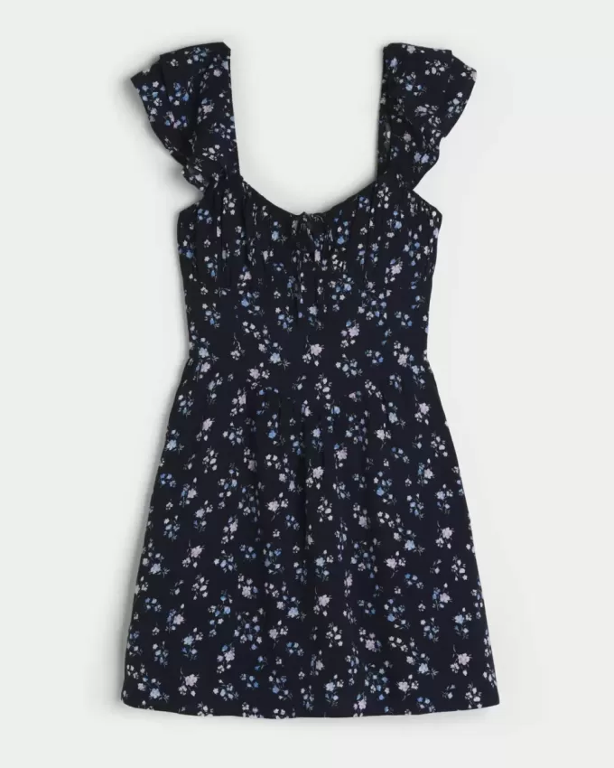 Minikleid mit Flatterärmeln und V-Taille