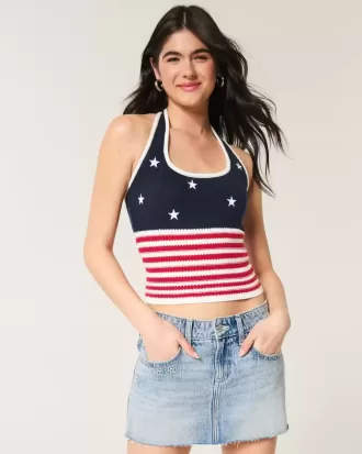 Neckholder-Top im Häkelstil mit amerikanischem Flaggenmuster