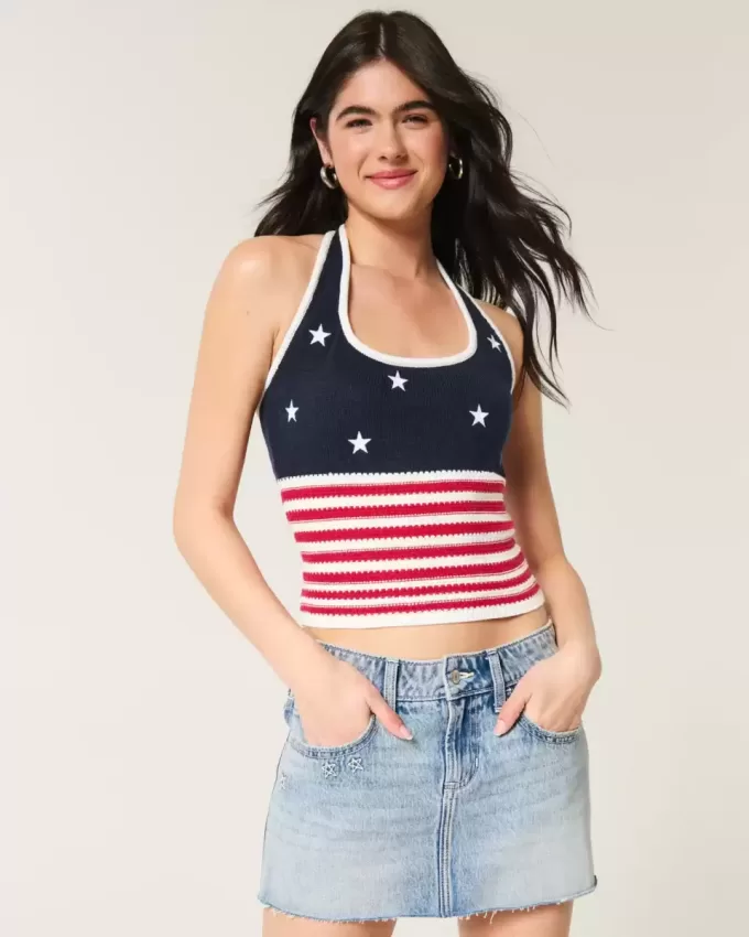 Neckholder-Top im Häkelstil mit amerikanischem Flaggenmuster Neckholder-Top im Häkelstil mit amerikanischem Flaggenmuster