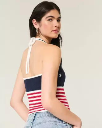 Neckholder-Top im Häkelstil mit amerikanischem Flaggenmuster