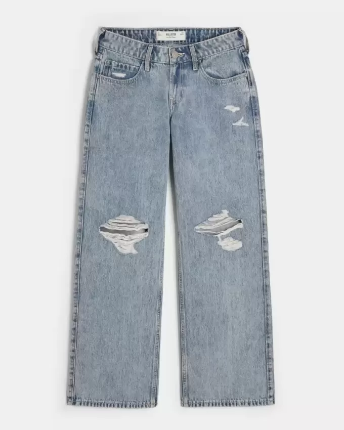 Niedrig geschnittene Baggy-Jeans mit Rissen in mittlerer Waschung Niedrig geschnittene Baggy-Jeans mit Rissen in mittlerer Waschung