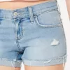 Niedrig geschnittene Distressed-Jeansshorts in heller Waschung Niedrig geschnittene Distressed-Jeansshorts in heller Waschung