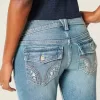 Niedrige Bootcut-Jeans mit mittlerer Waschung und Blumenstickerei Niedrige Bootcut-Jeans mit mittlerer Waschung und Blumenstickerei