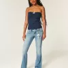 Niedrige Bootcut-Jeans mit mittlerer Waschung und Blumenstickerei Niedrige Bootcut-Jeans mit mittlerer Waschung und Blumenstickerei