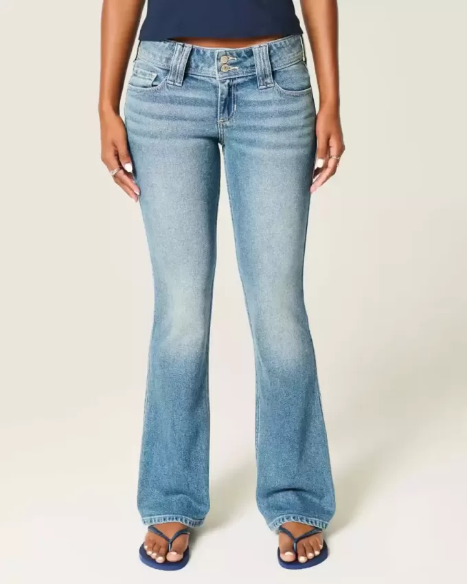 Niedrige Bootcut-Jeans mit mittlerer Waschung und Blumenstickerei Niedrige Bootcut-Jeans mit mittlerer Waschung und Blumenstickerei