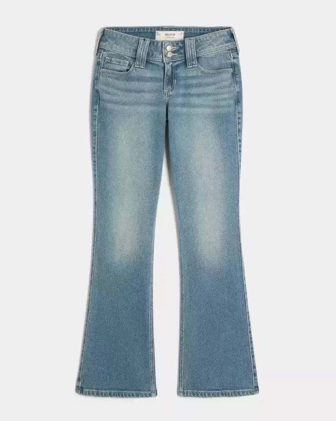 Niedrige Bootcut-Jeans mit mittlerer Waschung und Blumenstickerei Niedrige Bootcut-Jeans mit mittlerer Waschung und Blumenstickerei