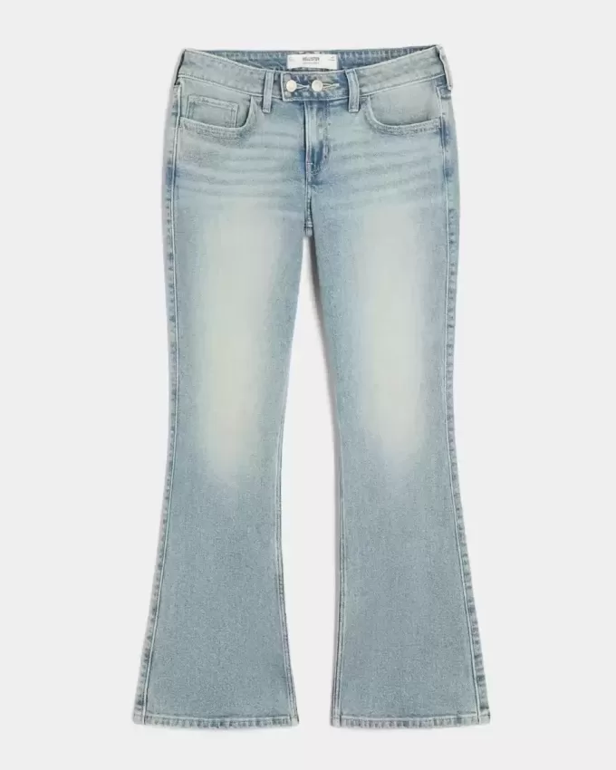 Niedrige Bootcut-Jeans mit mittlerer Waschung und Schmetterlingsstickerei Niedrige Bootcut-Jeans mit mittlerer Waschung und Schmetterlingsstickerei